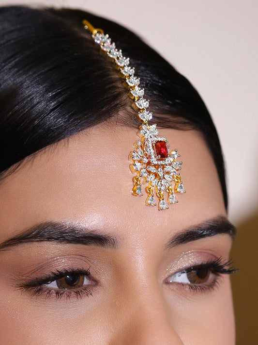 American Diamond Zirconia Red Studded Maangtikka フリーサイズ