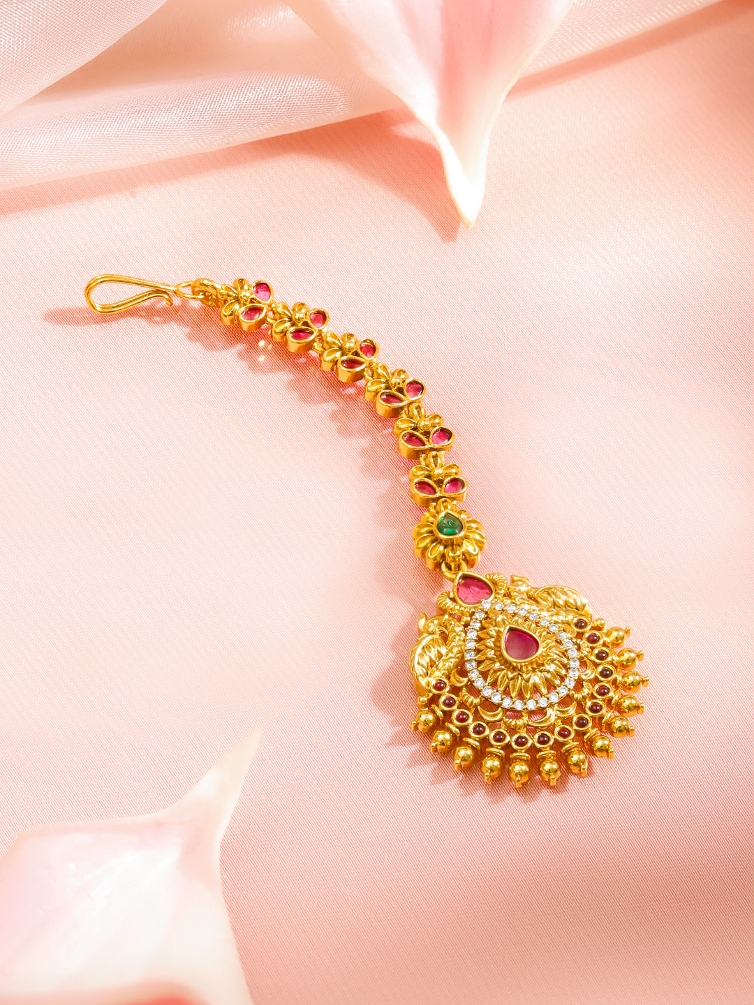 Ruby Pink Studded Gold Toned Maang Tikka フリーサイズ