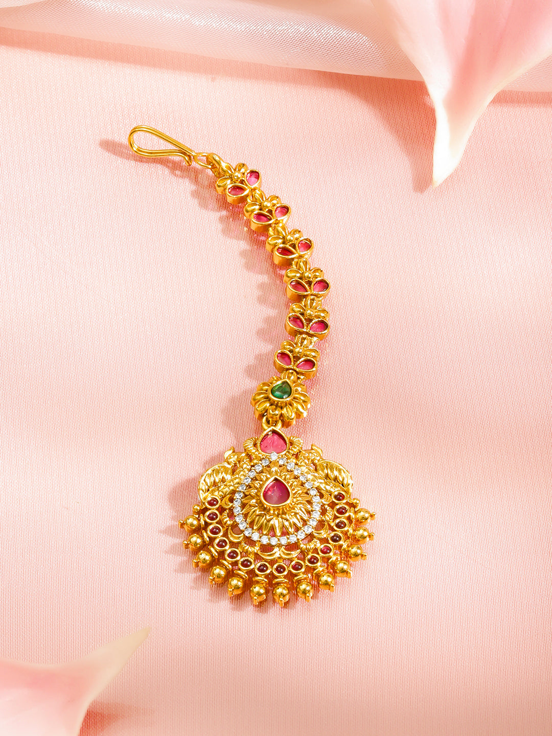 Ruby Pink Studded Gold Toned Maang Tikka フリーサイズ