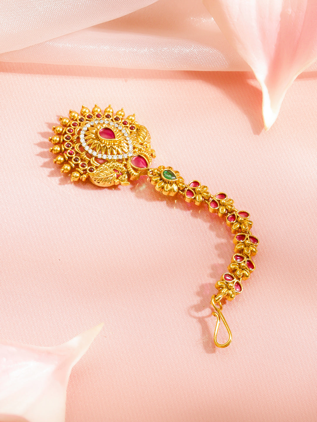 Ruby Pink Studded Gold Toned Maang Tikka フリーサイズ