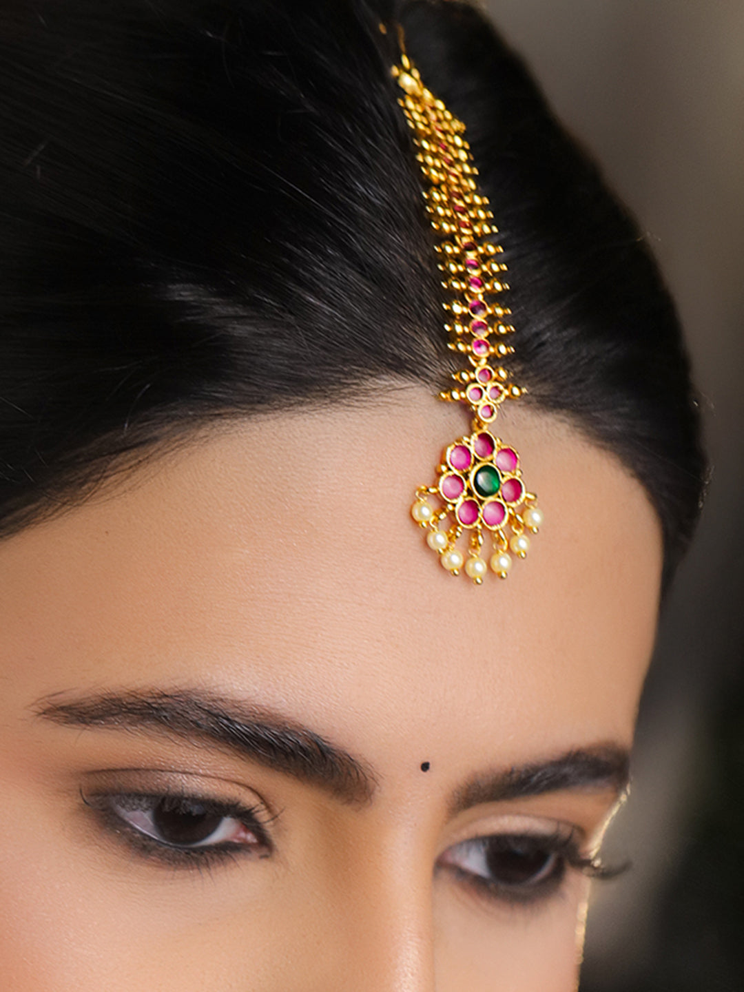 Ruby Pink Pearl Drop Golden Maang Tikka フリーサイズ