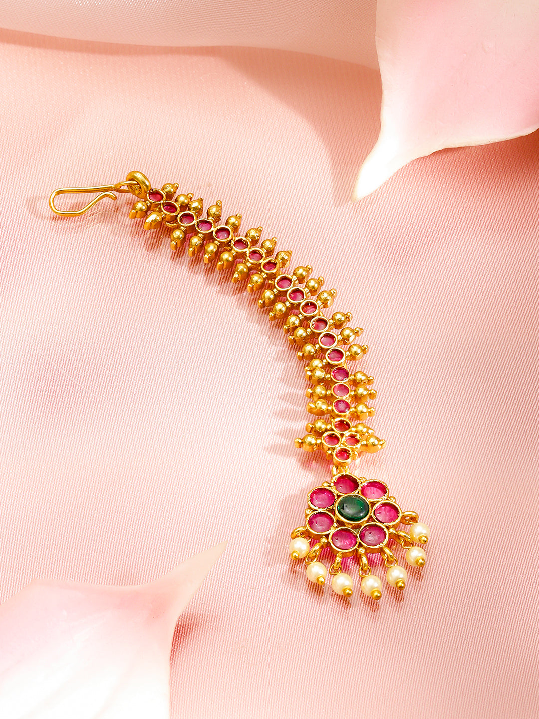Ruby Pink Pearl Drop Golden Maang Tikka フリーサイズ