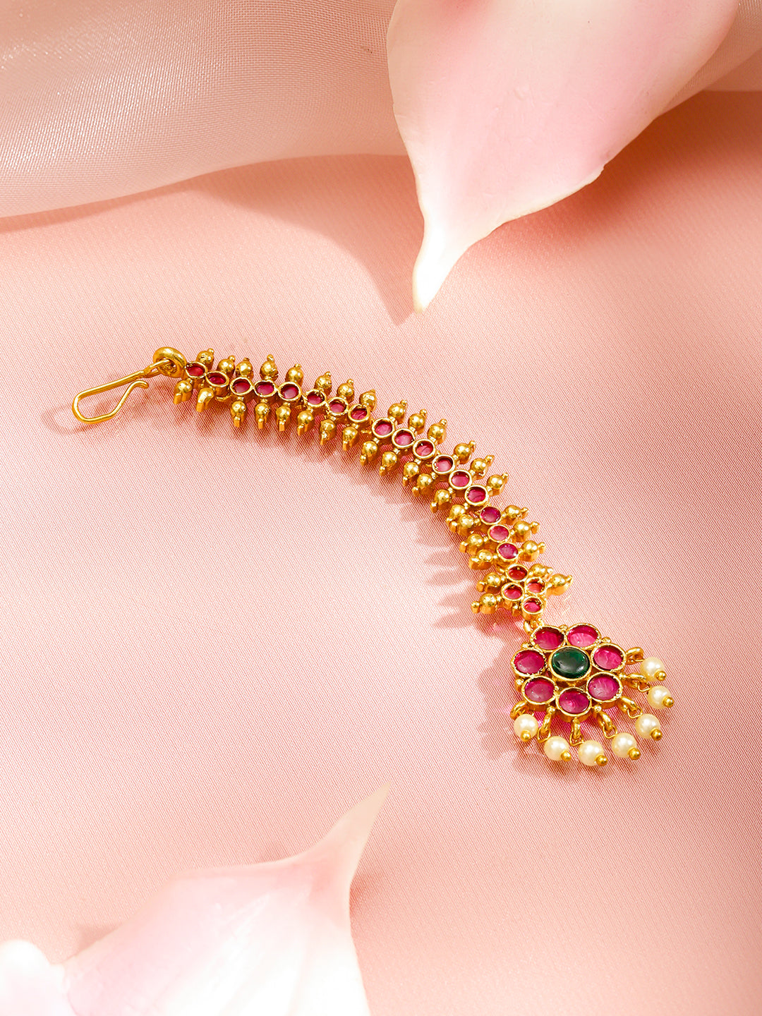 Ruby Pink Pearl Drop Golden Maang Tikka フリーサイズ