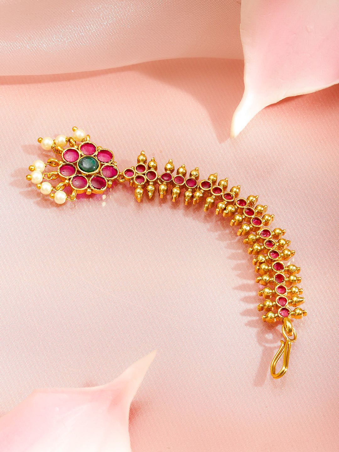 Ruby Pink Pearl Drop Golden Maang Tikka フリーサイズ