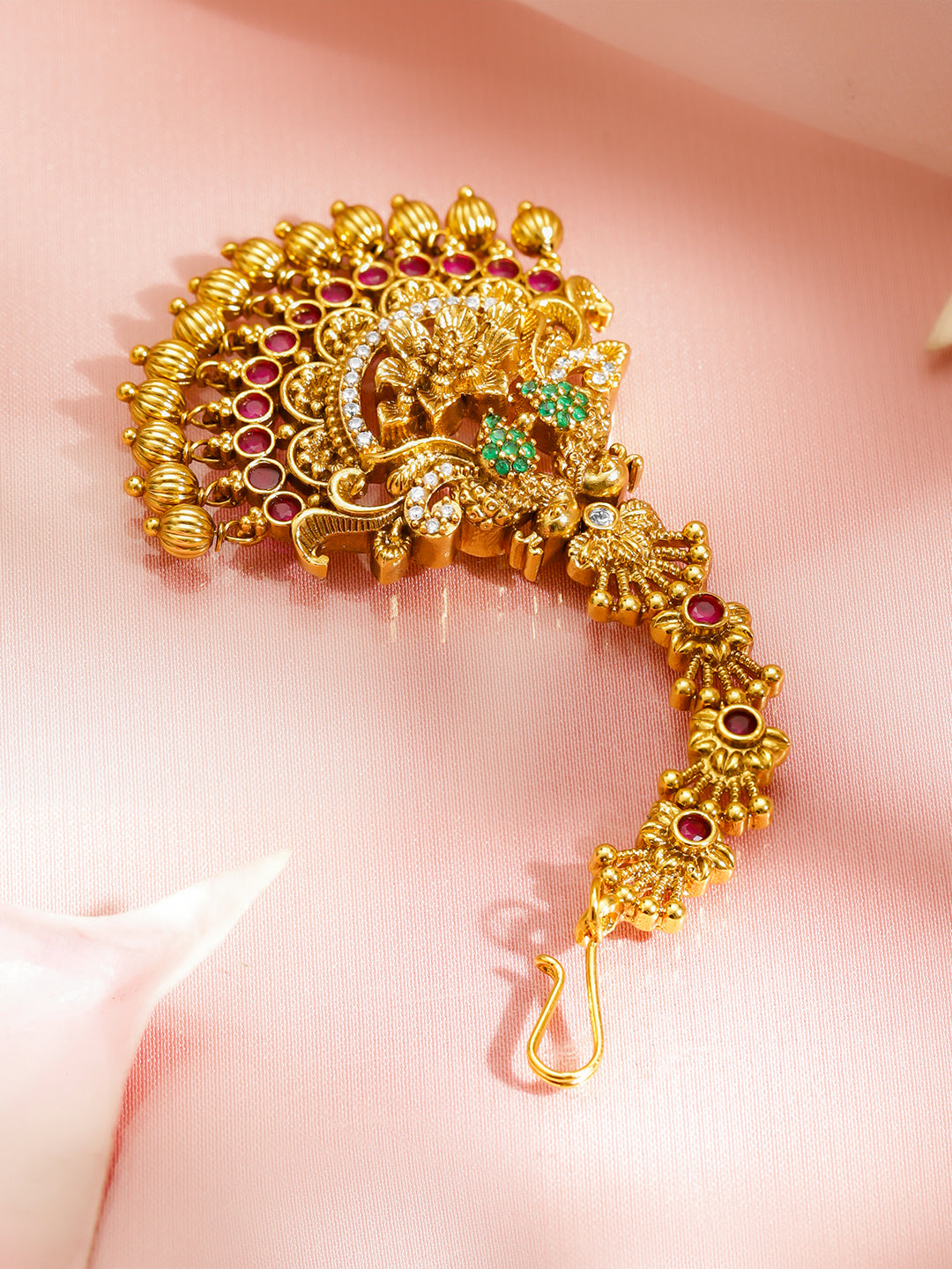 Pink Studded Floral Motif Gold Maangtikka フリーサイズ