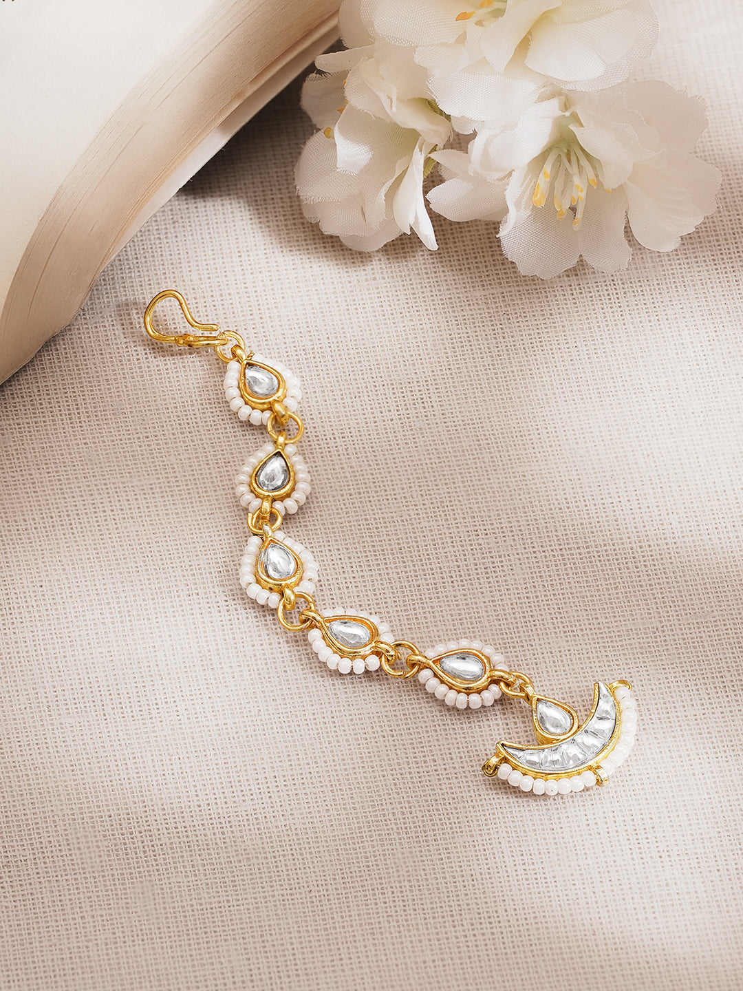 Kundan Pearl Crescent Festive Maangtikka フリーサイズ