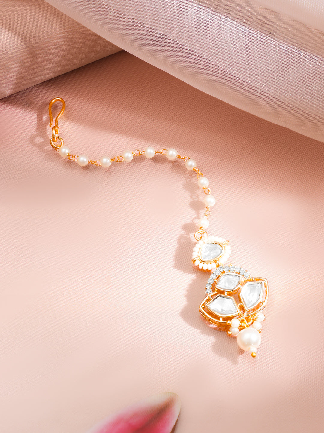 Gold Kundan Pearl Maang Tikka フリーサイズ