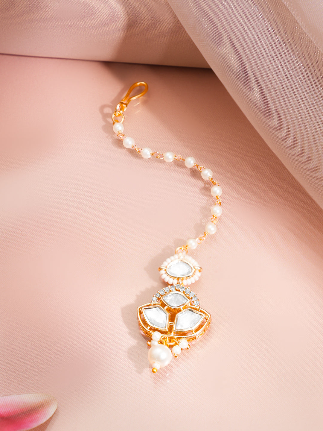 Gold Kundan Pearl Maang Tikka フリーサイズ