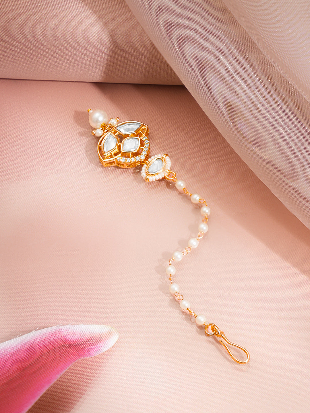 Gold Kundan Pearl Maang Tikka フリーサイズ