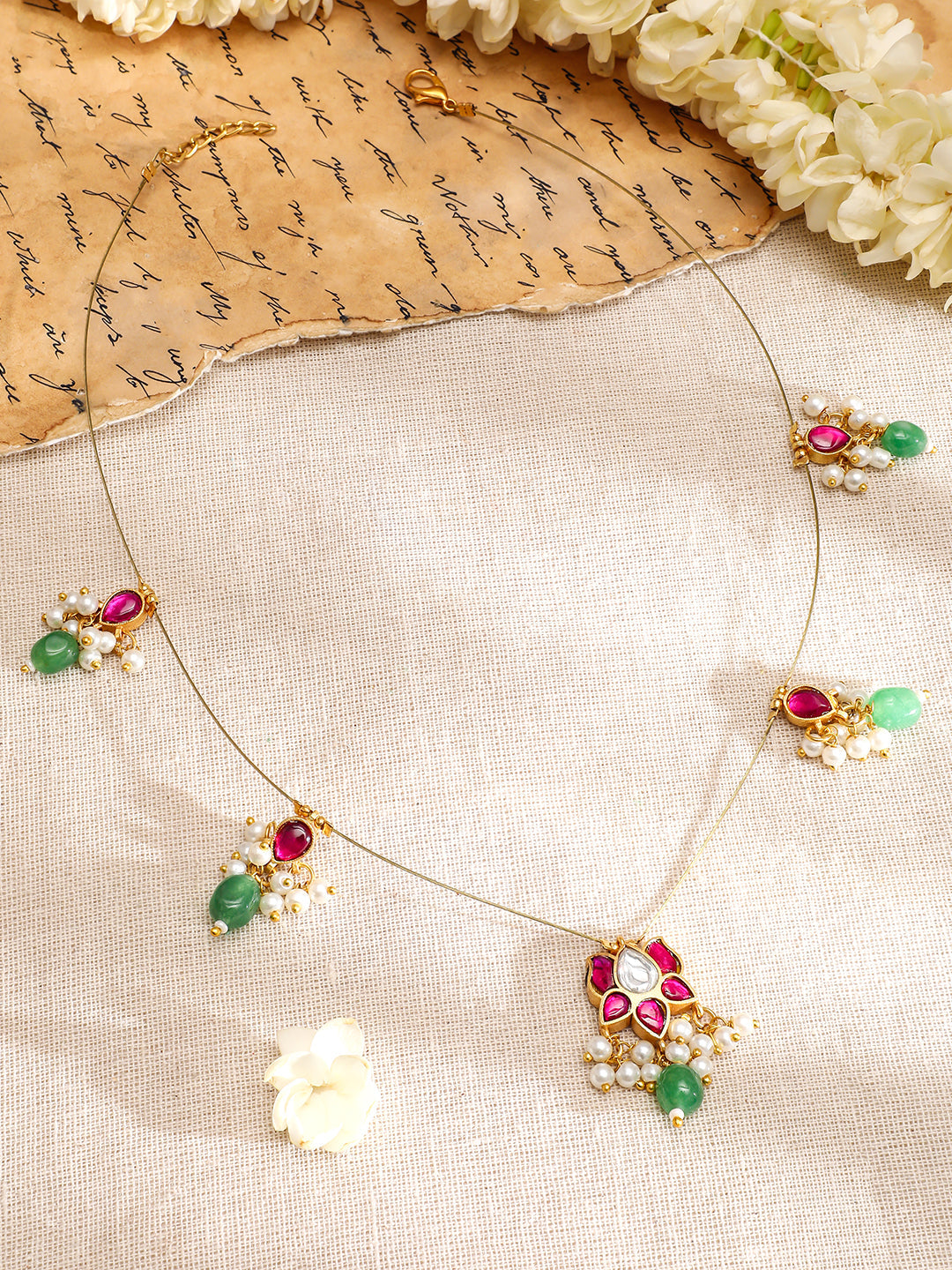 Floral Pink & Green Kundan Chain Necklace フリーサイズ