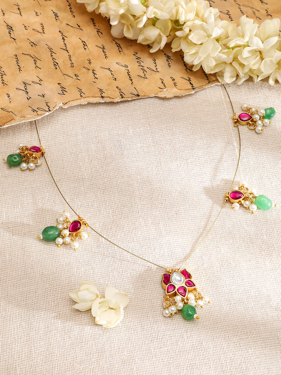 Floral Pink & Green Kundan Chain Necklace フリーサイズ
