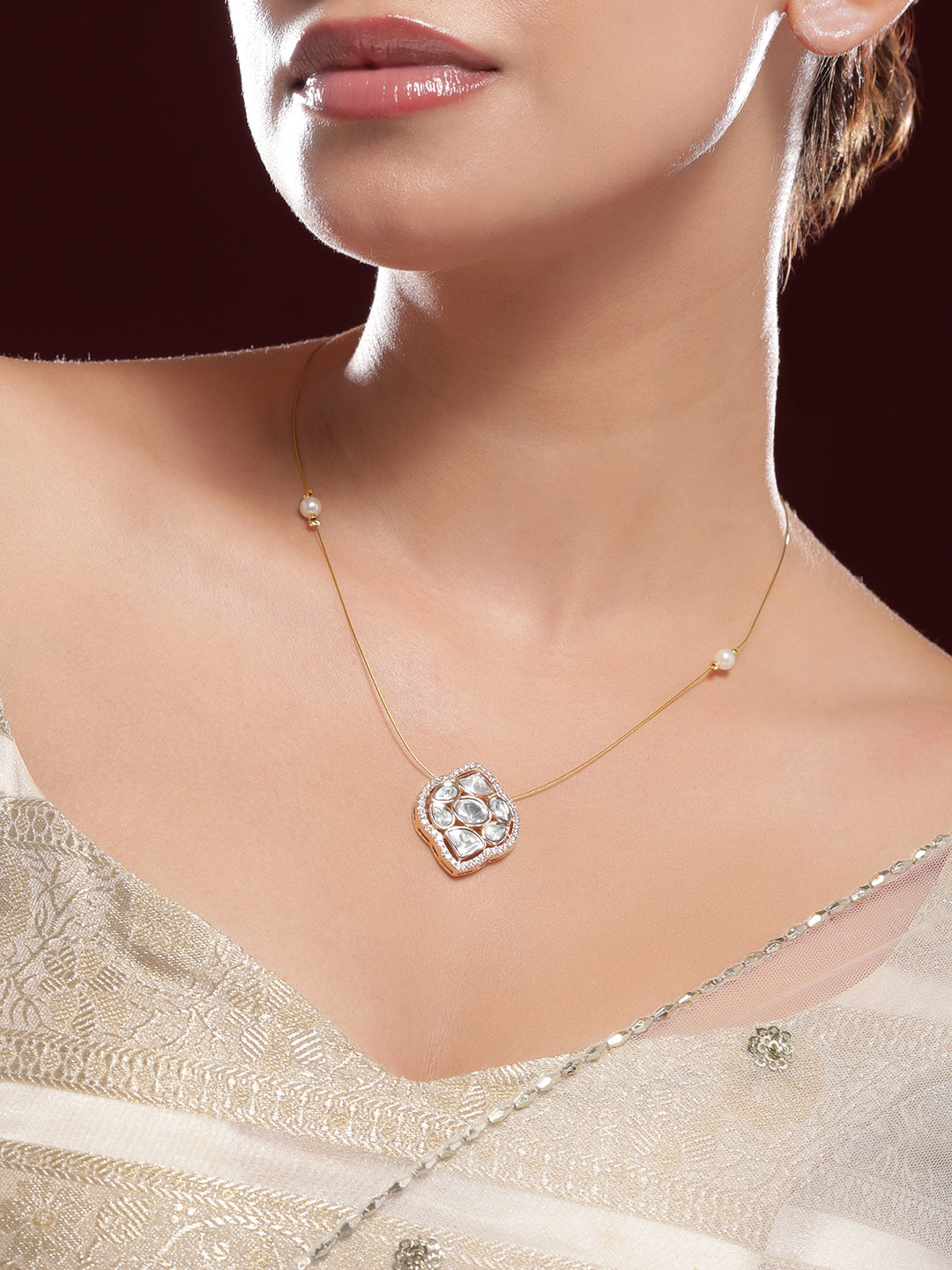Alluring American Diamond Zirconia & Kundan Studded Pendant Necklace フリーサイズ
