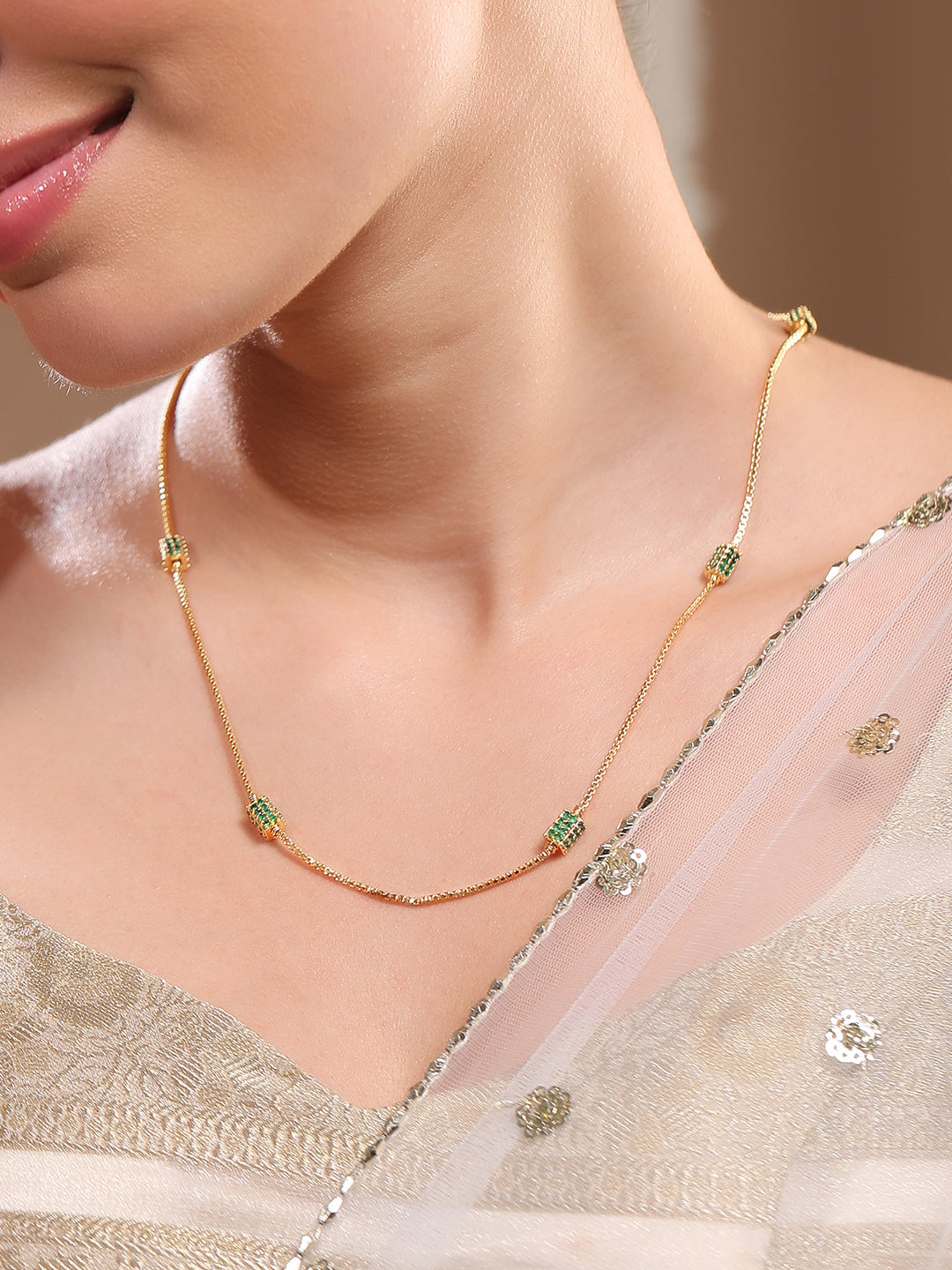 Emerald Green Beaded Gold Plated Necklace Chain フリーサイズ