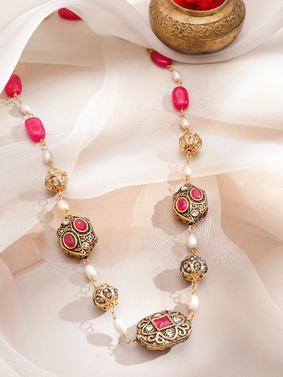 Red & Pearl Beaded Long Necklace Set フリーサイズ