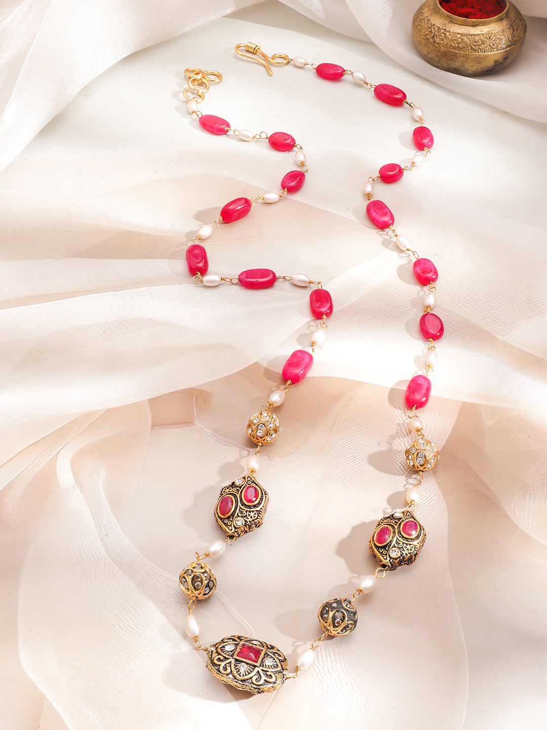 Red & Pearl Beaded Long Necklace Set フリーサイズ