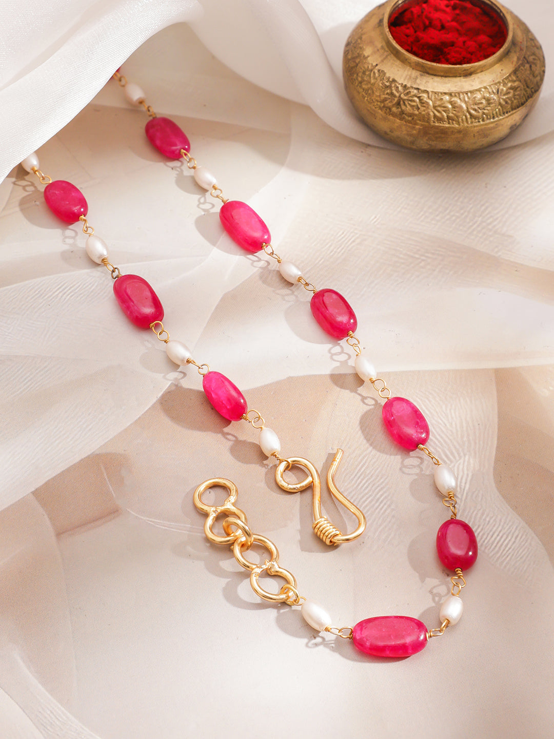 Red & Pearl Beaded Long Necklace Set フリーサイズ
