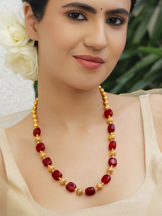 Ruby & Gold Beaded Necklace フリーサイズ