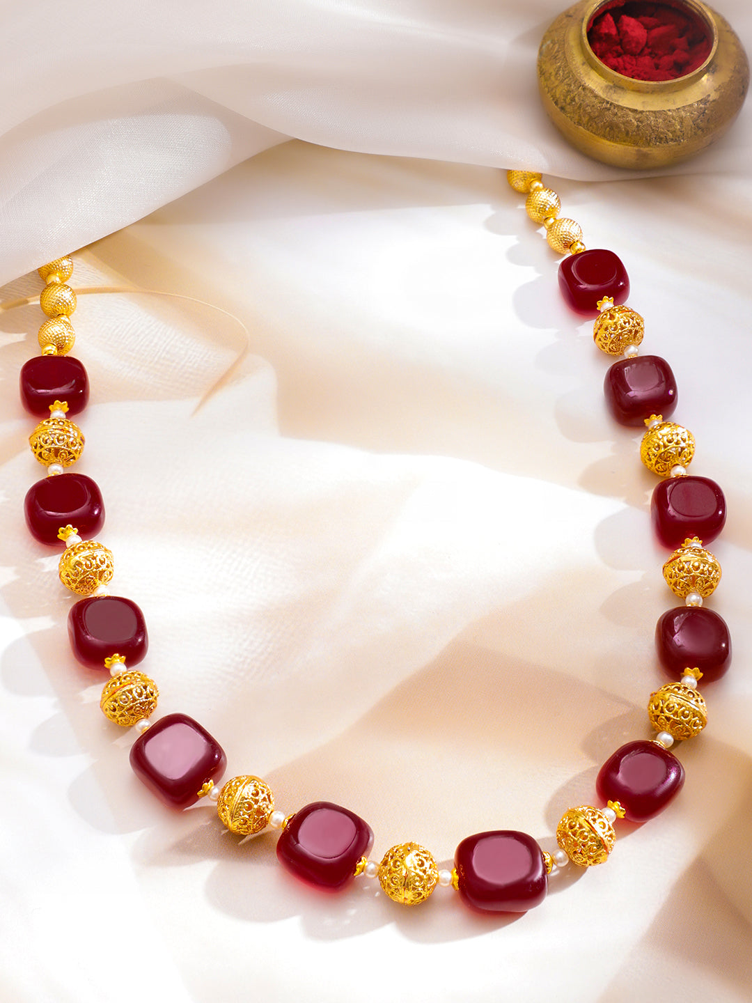Ruby & Gold Beaded Necklace フリーサイズ