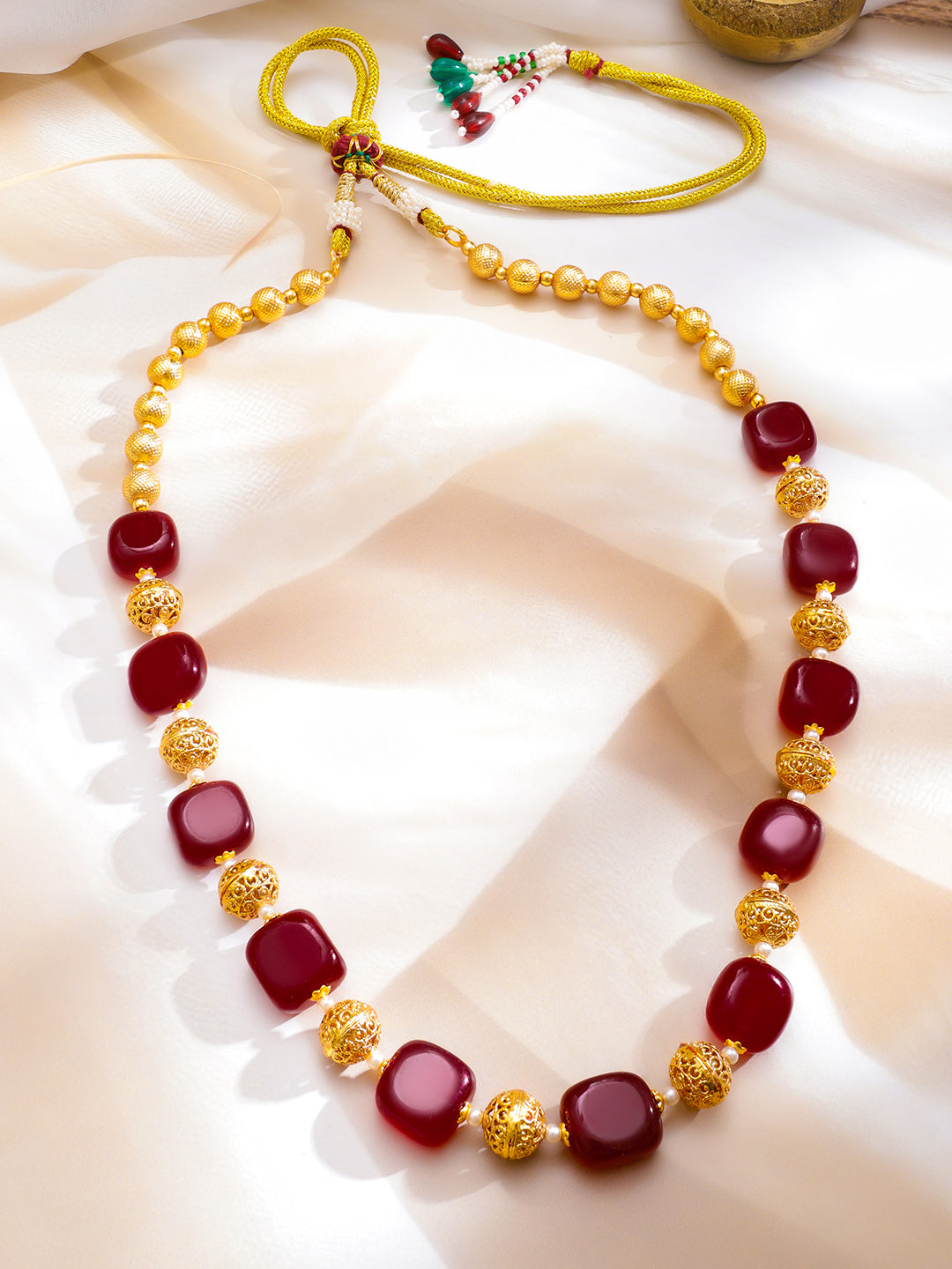 Ruby & Gold Beaded Necklace フリーサイズ
