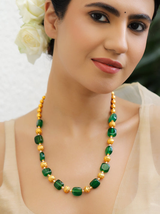 Green Beaded Gold toned Necklace フリーサイズ
