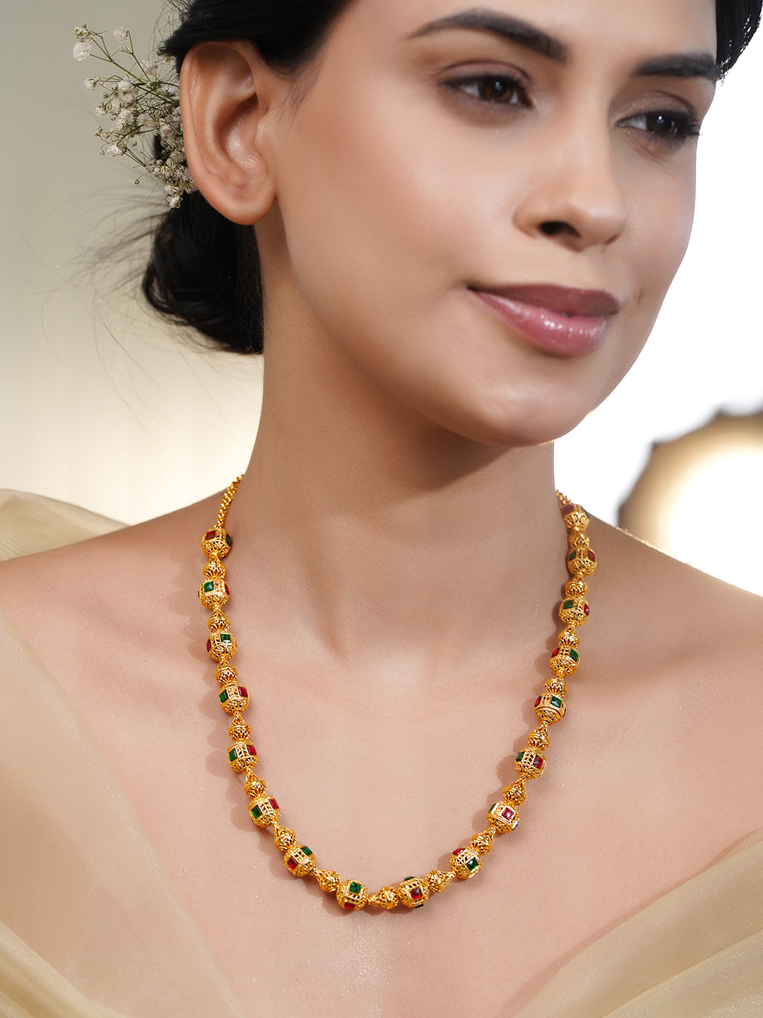 Pink & Green Studded Gold Beaded Necklace フリーサイズ