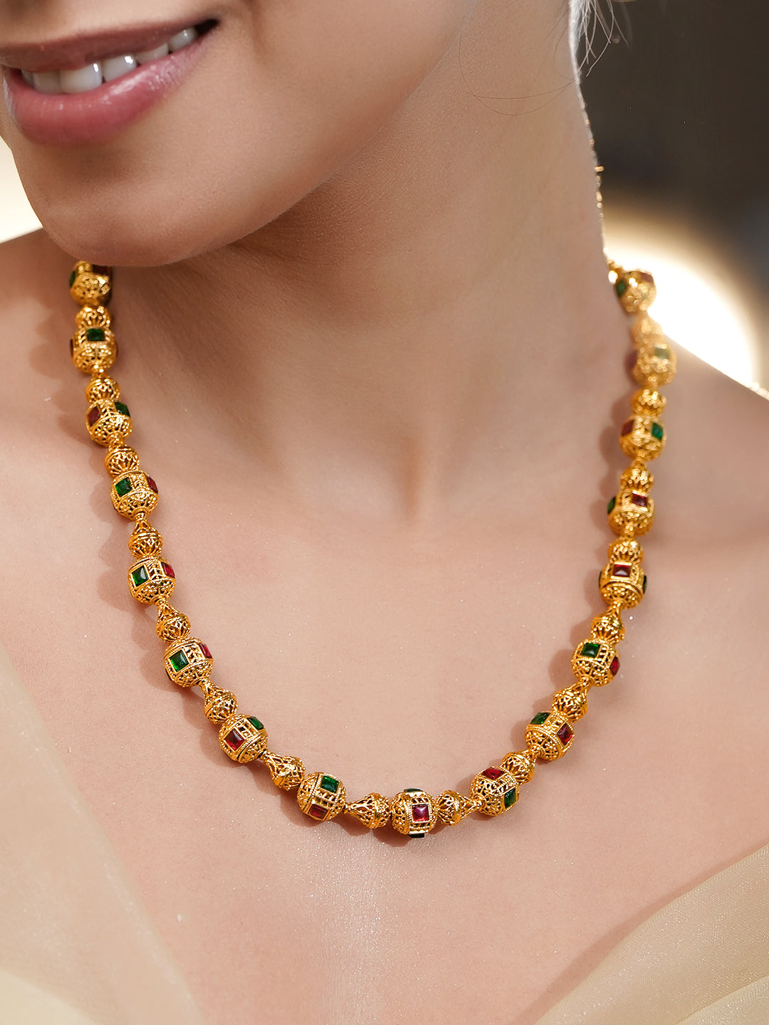 Pink & Green Studded Gold Beaded Necklace フリーサイズ