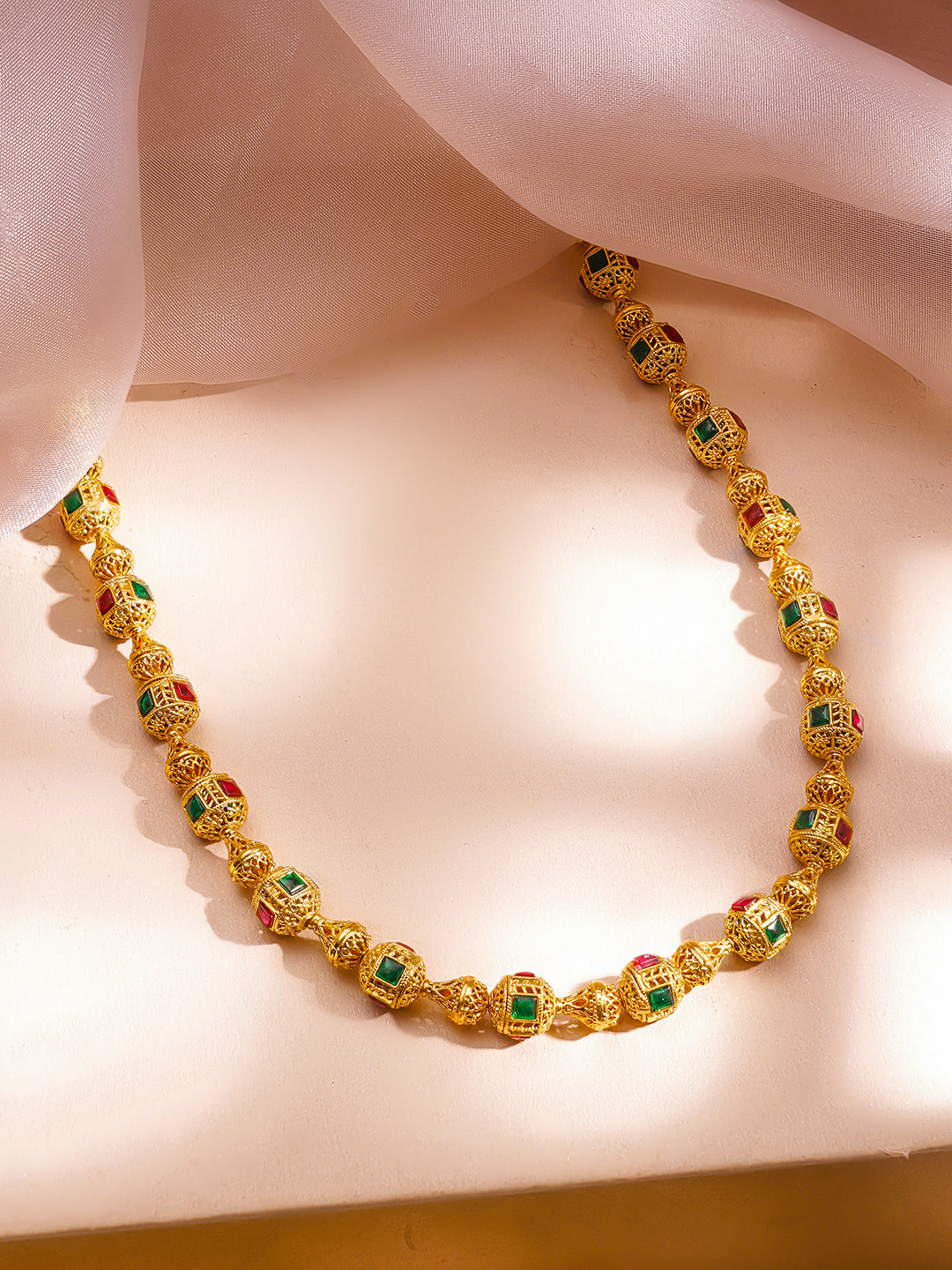 Pink & Green Studded Gold Beaded Necklace フリーサイズ