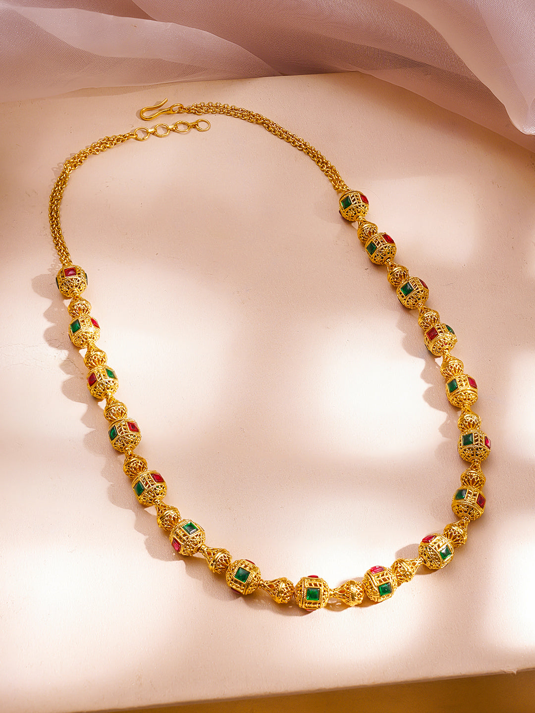 Pink & Green Studded Gold Beaded Necklace フリーサイズ