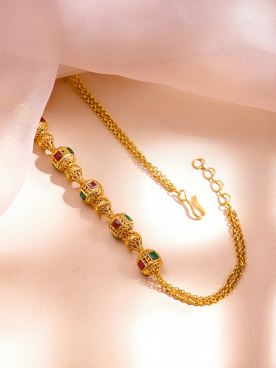 Pink & Green Studded Gold Beaded Necklace フリーサイズ
