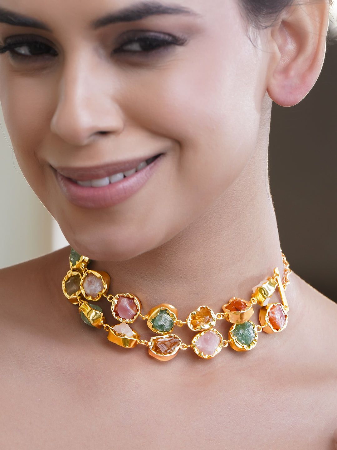 Multicolor Crystal Layered Gold Necklace フリーサイズ