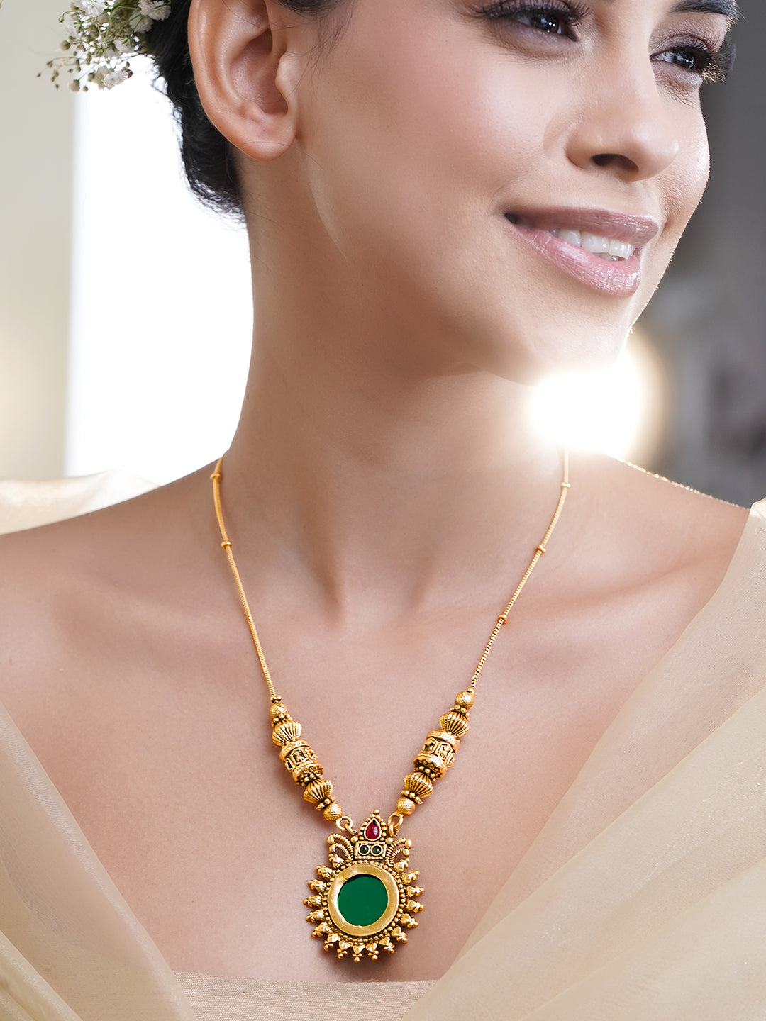 Minimal Charm Green & Pink Golden Necklace フリーサイズ