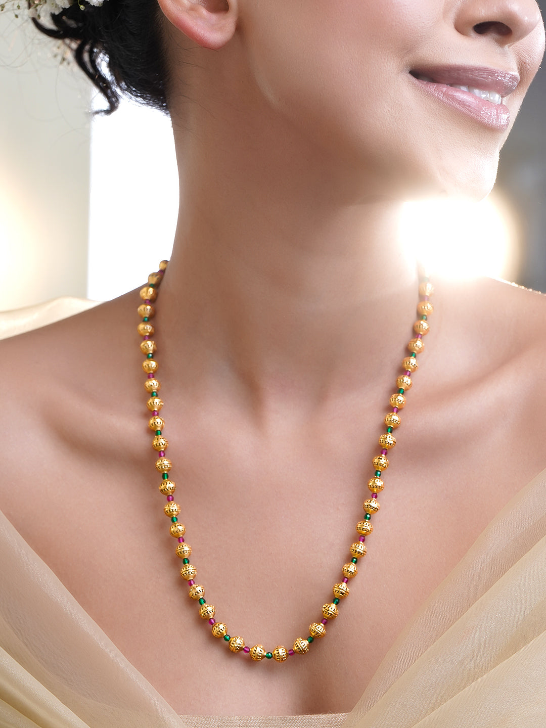 Rubans 18K Gold Plated Brass Gold Beaded Necklace with Green & Ruby Pink Accents フリーサイズ