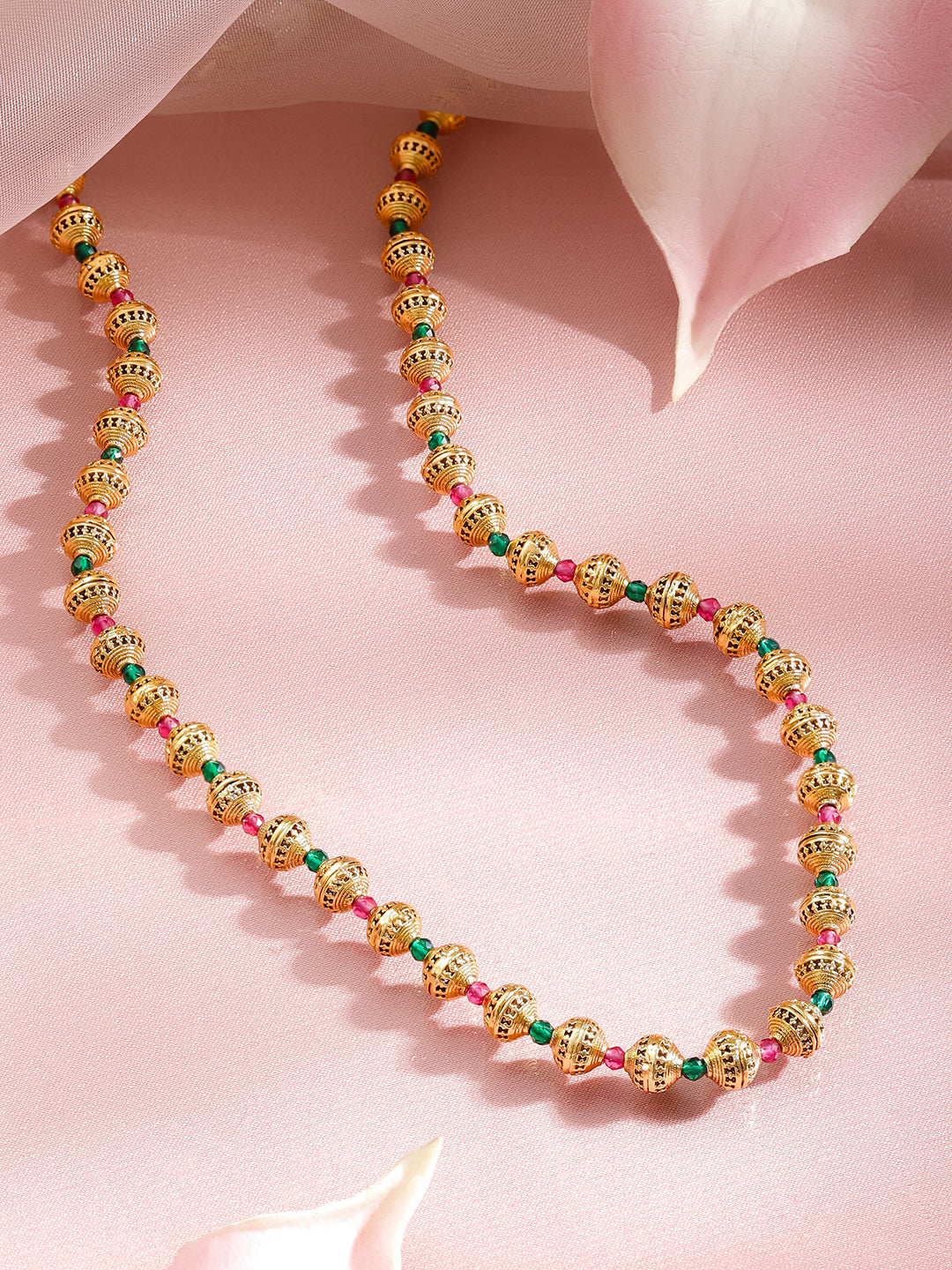 Rubans 18K Gold Plated Brass Gold Beaded Necklace with Green & Ruby Pink Accents フリーサイズ