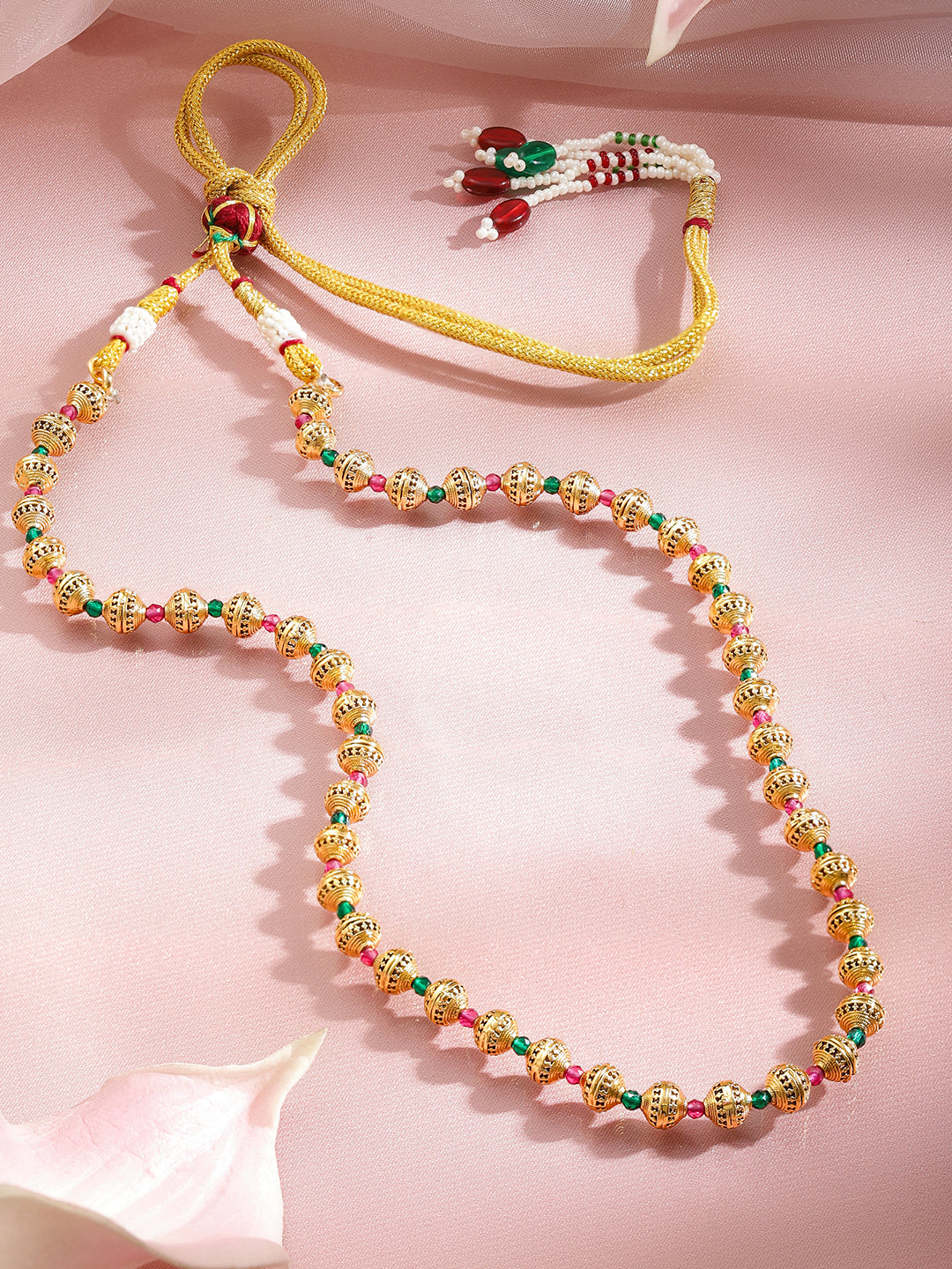 Rubans 18K Gold Plated Brass Gold Beaded Necklace with Green & Ruby Pink Accents フリーサイズ