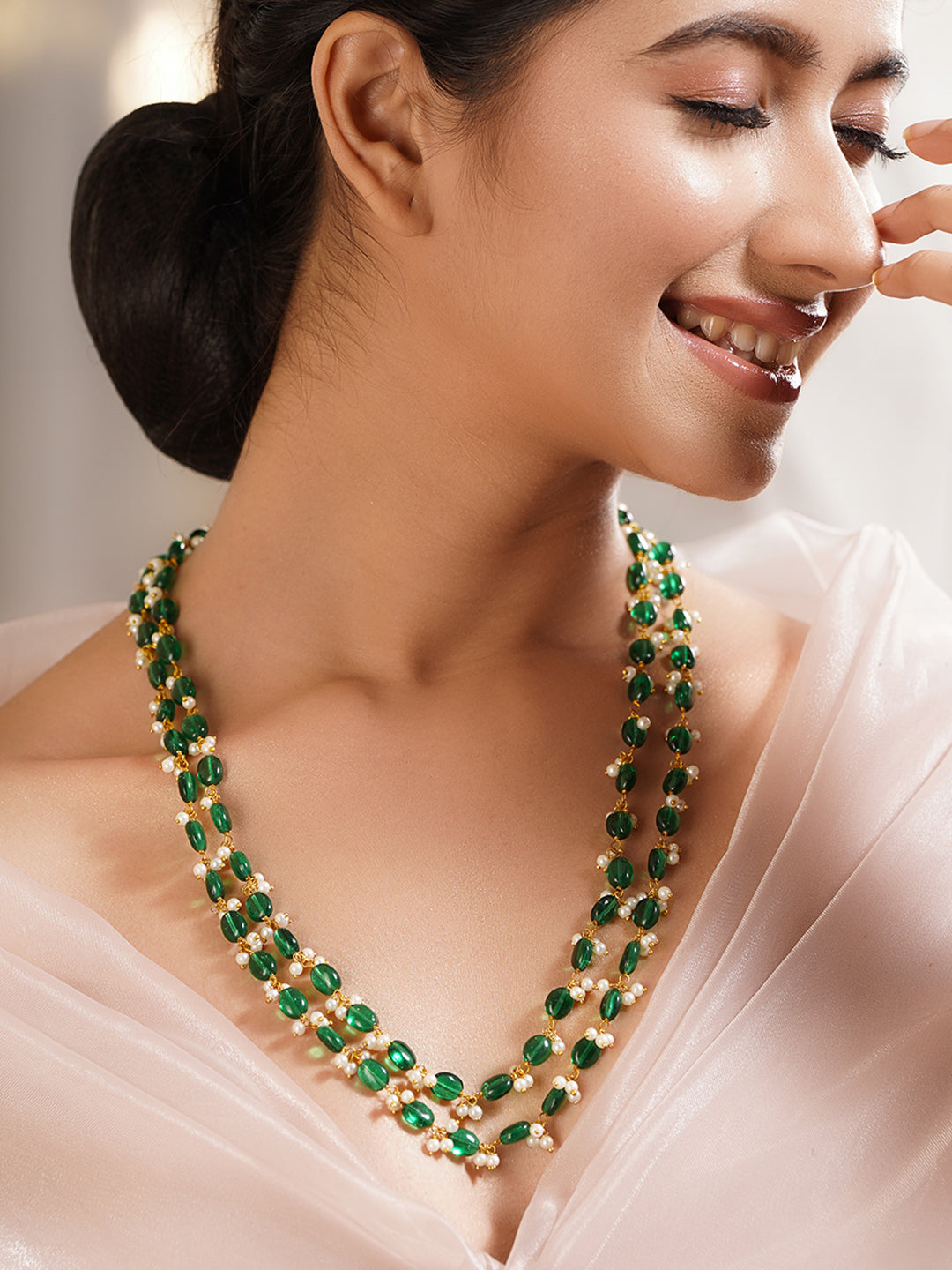 Gold Plated Brass Green Beaded Pearl Double Layer Necklace フリーサイズ