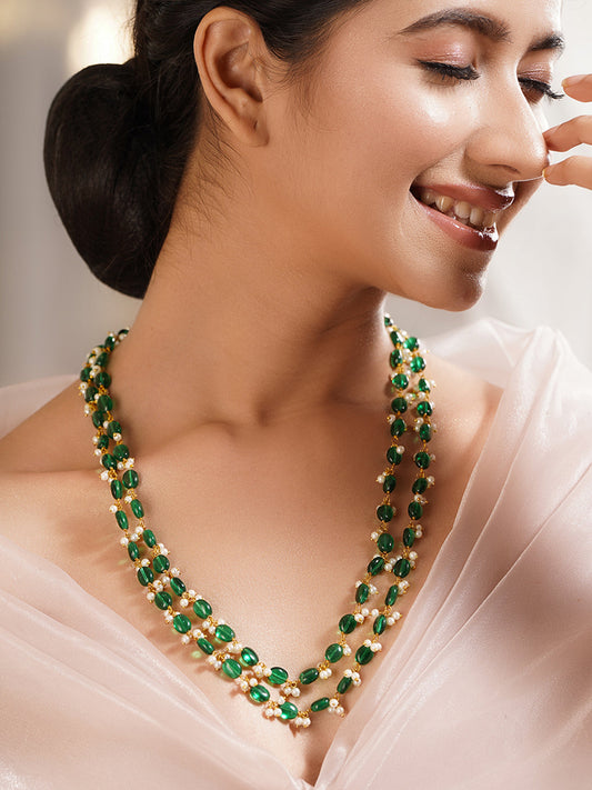 Gold Plated Brass Green Beaded Pearl Double Layer Necklace フリーサイズ