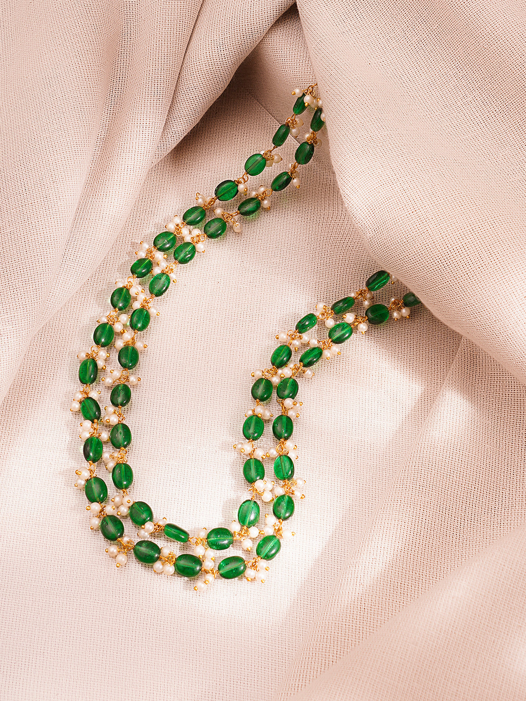 Gold Plated Brass Green Beaded Pearl Double Layer Necklace フリーサイズ