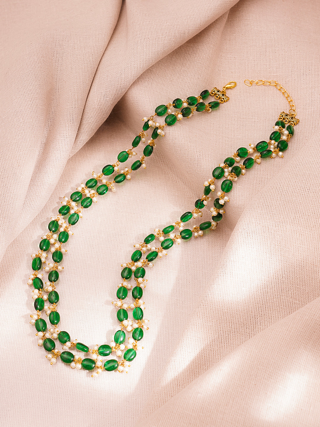 Gold Plated Brass Green Beaded Pearl Double Layer Necklace フリーサイズ