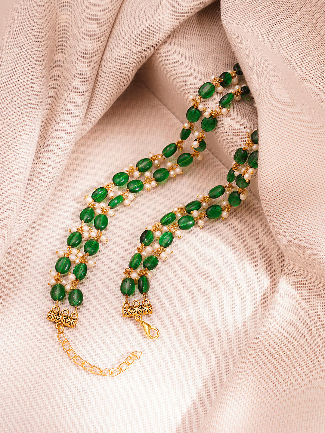 Gold Plated Brass Green Beaded Pearl Double Layer Necklace フリーサイズ