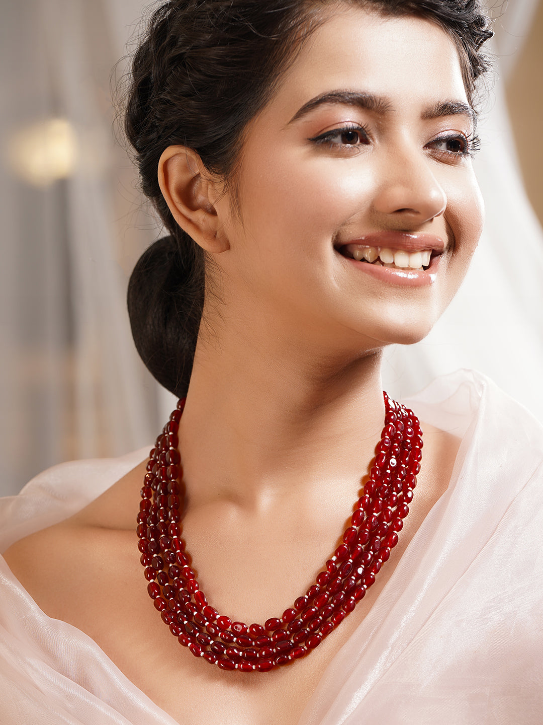 Gold Plated Brass Red Beaded Multi Layer Long Necklace フリーサイズ