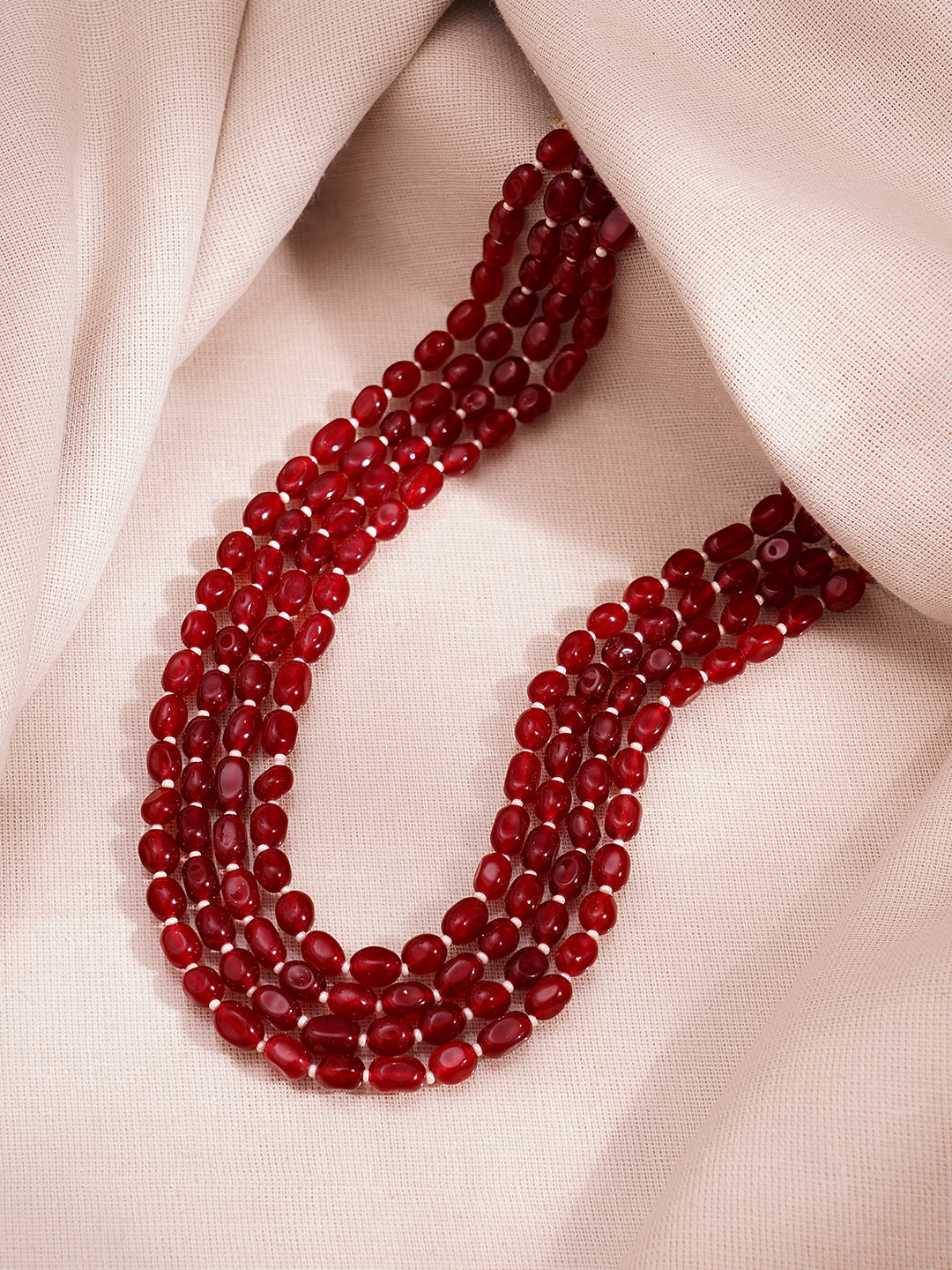 Gold Plated Brass Red Beaded Multi Layer Long Necklace フリーサイズ