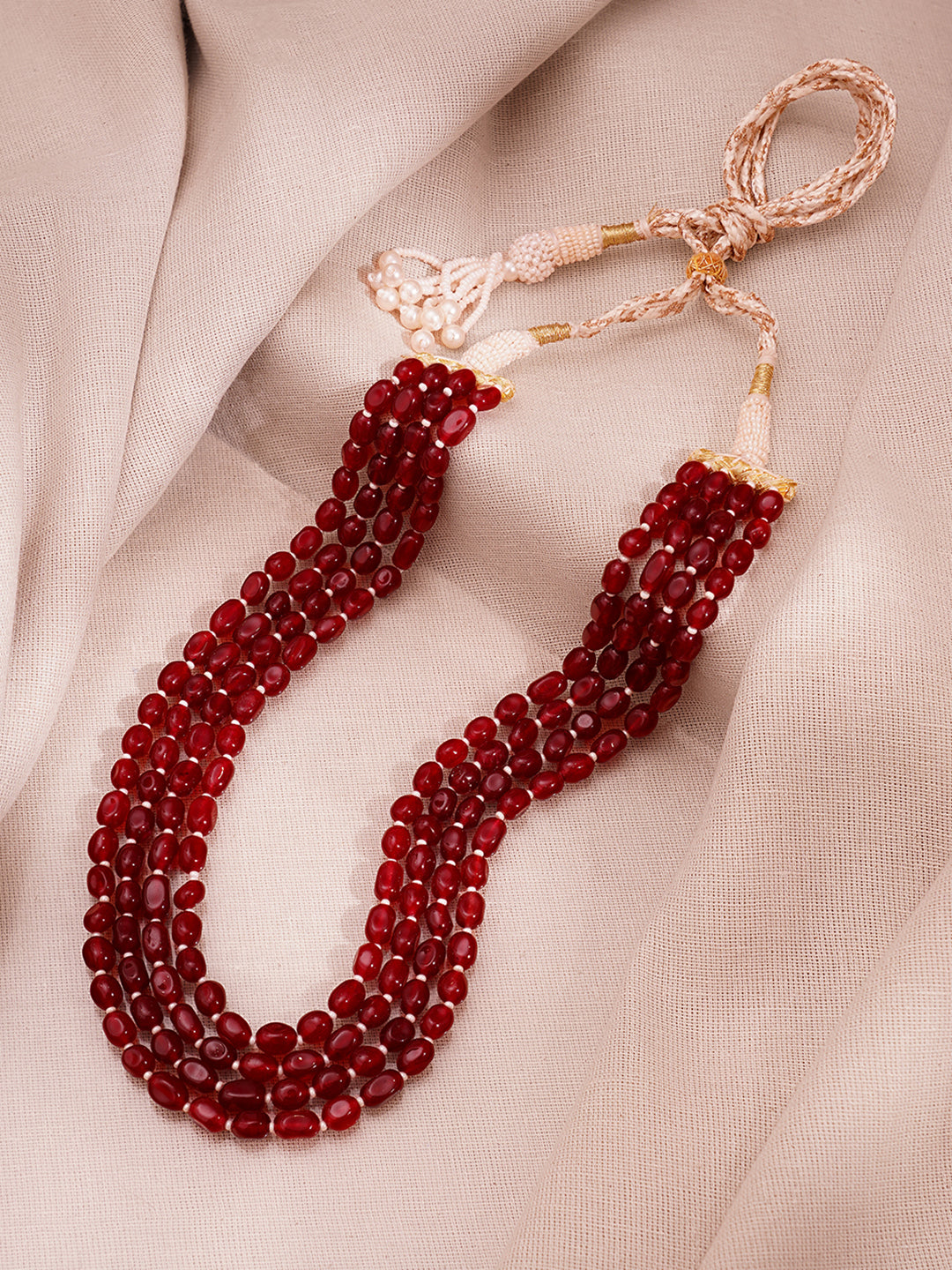 Gold Plated Brass Red Beaded Multi Layer Long Necklace フリーサイズ