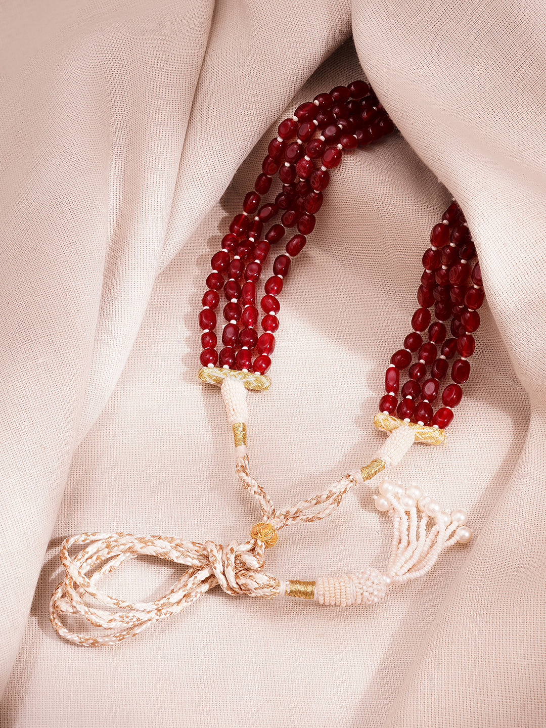 Gold Plated Brass Red Beaded Multi Layer Long Necklace フリーサイズ