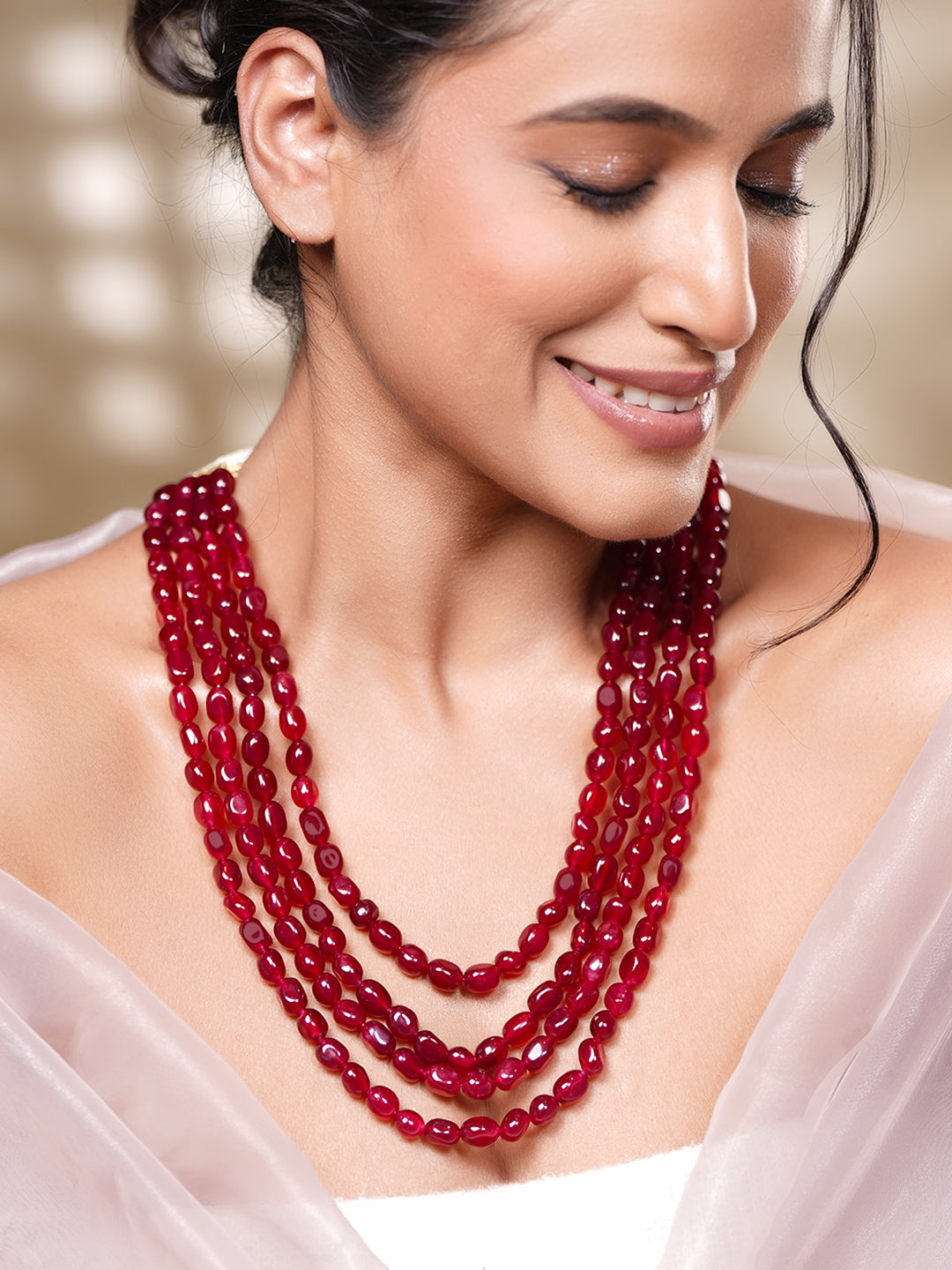 Multi Layer Ruby Semi Precious Bead Necklace フリーサイズ