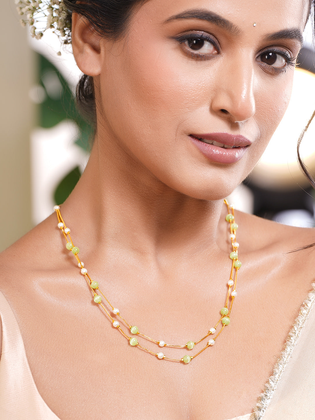 Minimal Pastel Beaded Gold Layer Chain フリーサイズ