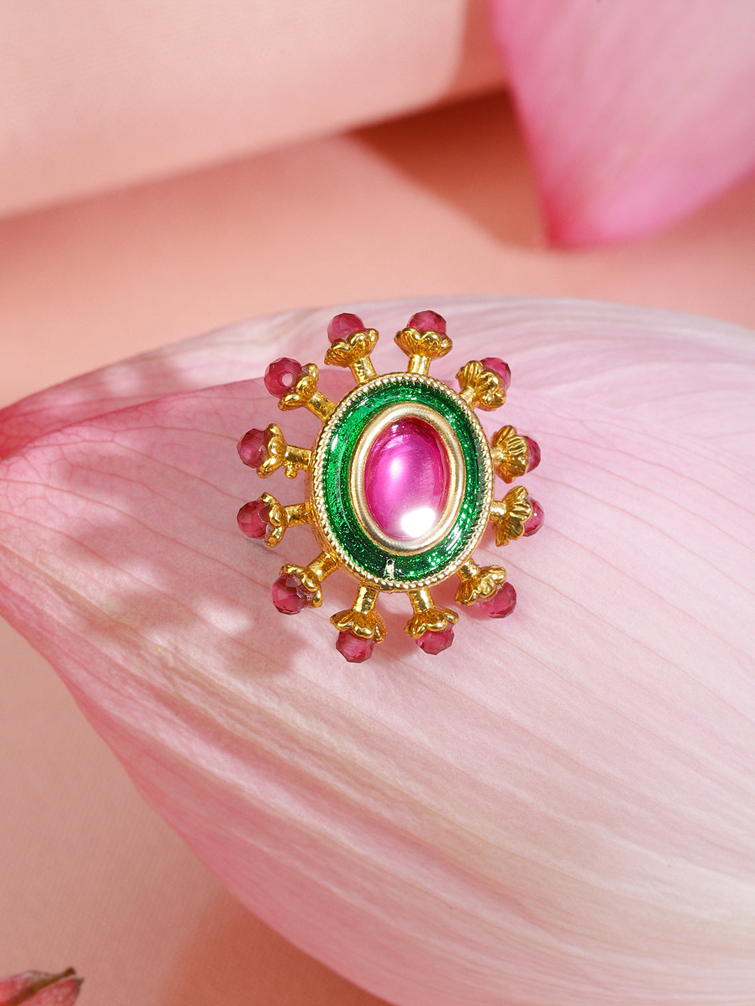 Rubans 18K Gold-Plated Ruby Pink Stone Studded Non-Pierced Clip-On Nath with Green Enamel フリーサイズ