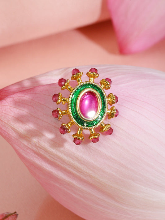 Rubans 18K Gold-Plated Ruby Pink Stone Studded Non-Pierced Clip-On Nath with Green Enamel フリーサイズ