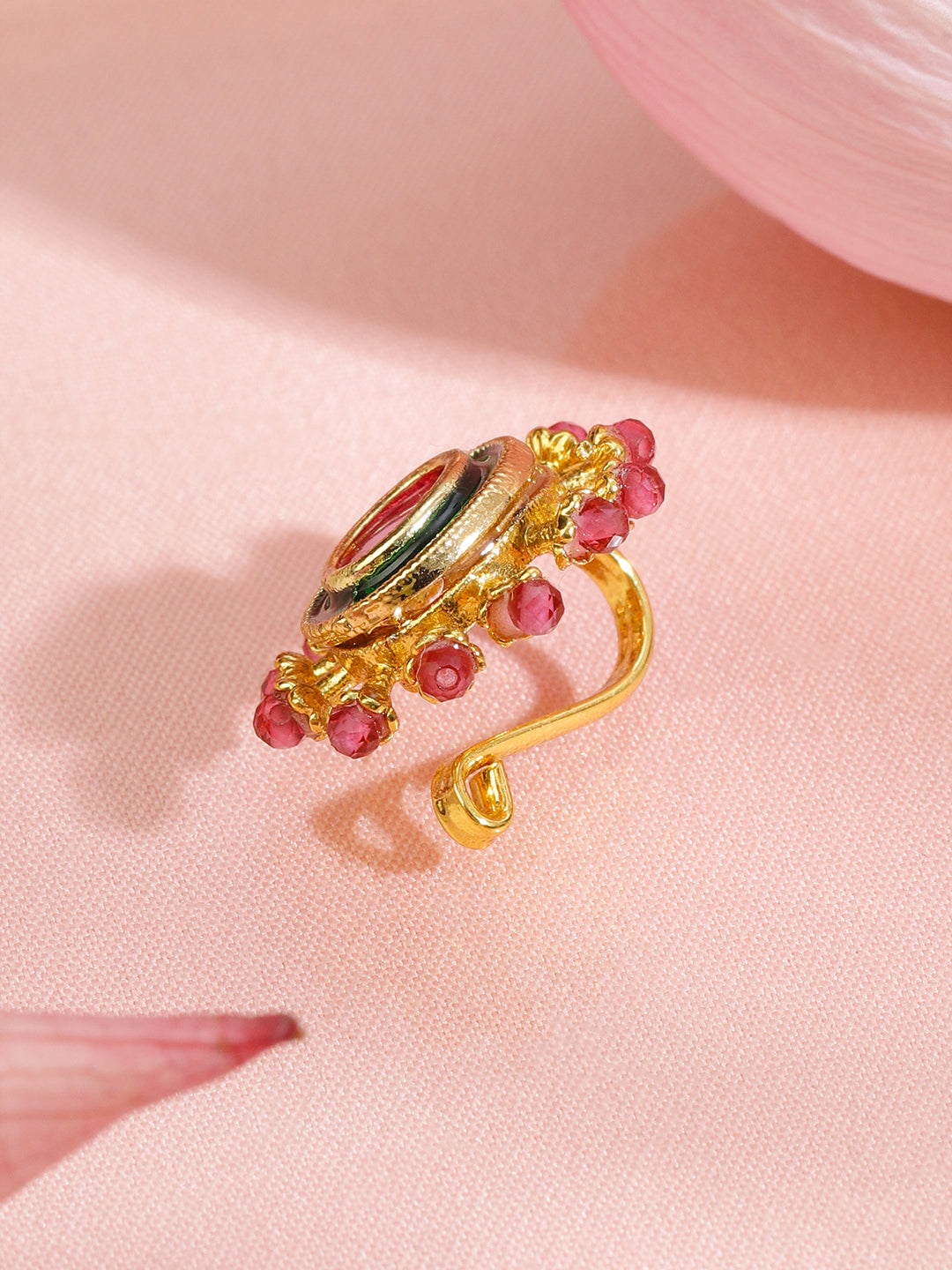 Rubans 18K Gold-Plated Ruby Pink Stone Studded Non-Pierced Clip-On Nath with Green Enamel フリーサイズ