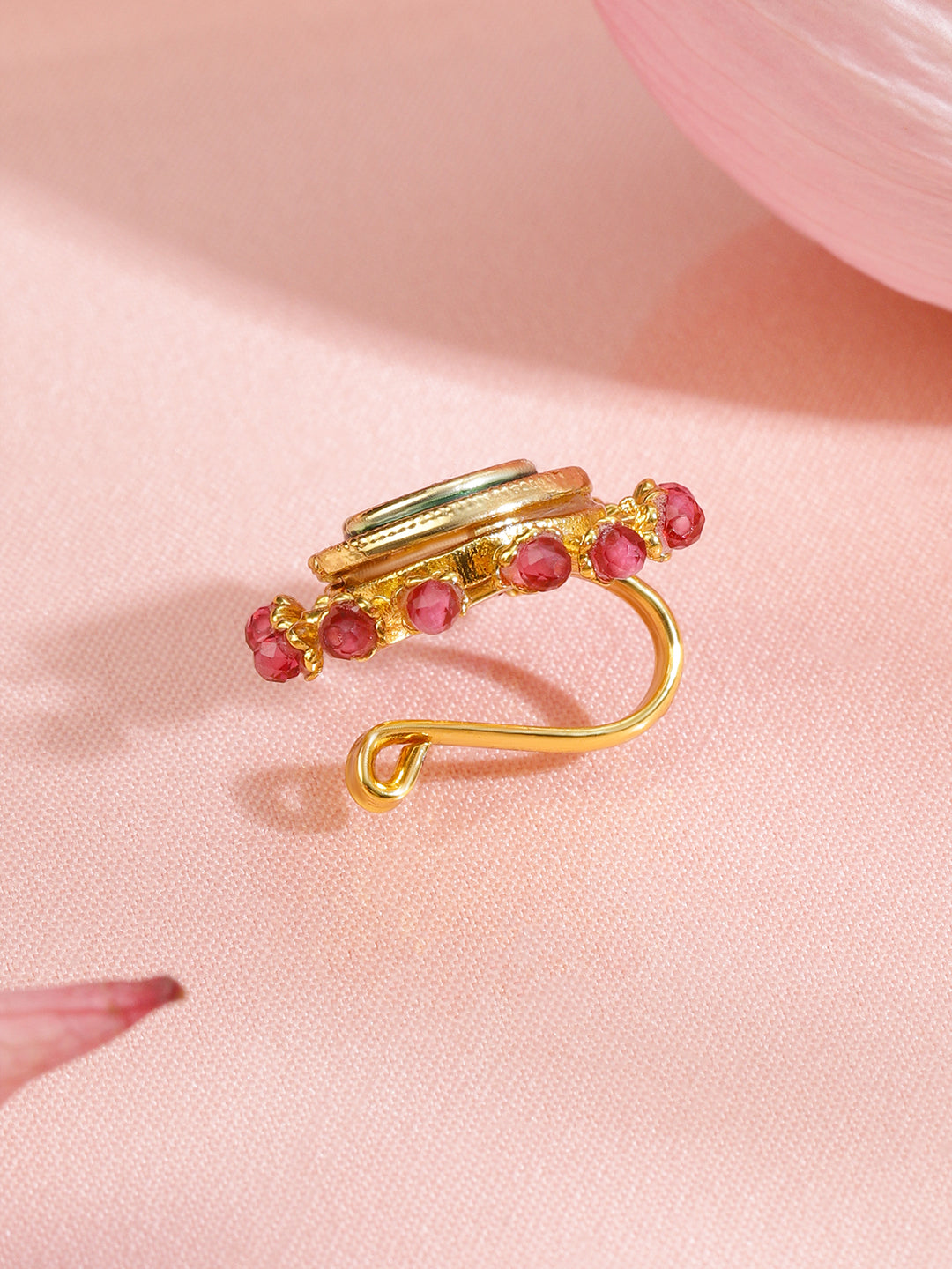 Rubans 18K Gold-Plated Ruby Pink Stone Studded Non-Pierced Clip-On Nath with Green Enamel フリーサイズ