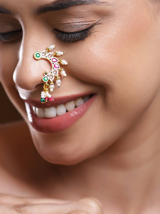 Rubans 18K Gold-Plated Ruby Pink White & Emerald Green Stone Crescent Nath with Pearl Drops â€“ Non-Pierced Clip-On フリーサイズ